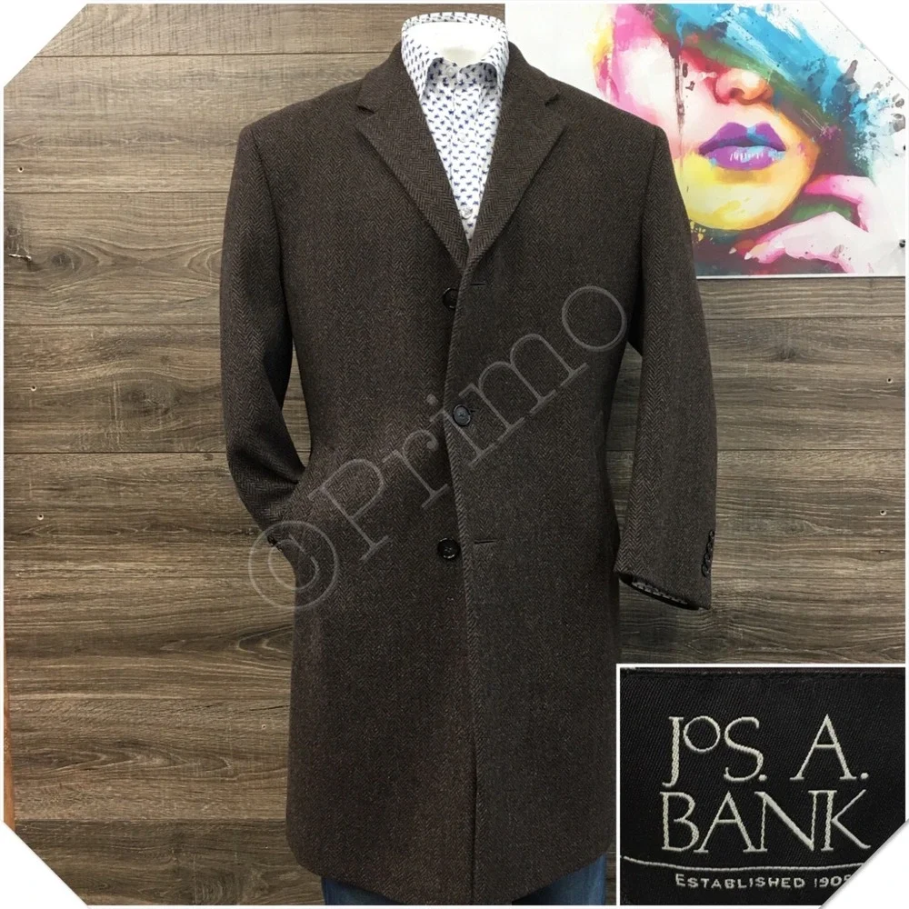 JOS A BANK Mens Tweed Overcoat Long Coat Jacket Wool Size 40S Casual Blazer